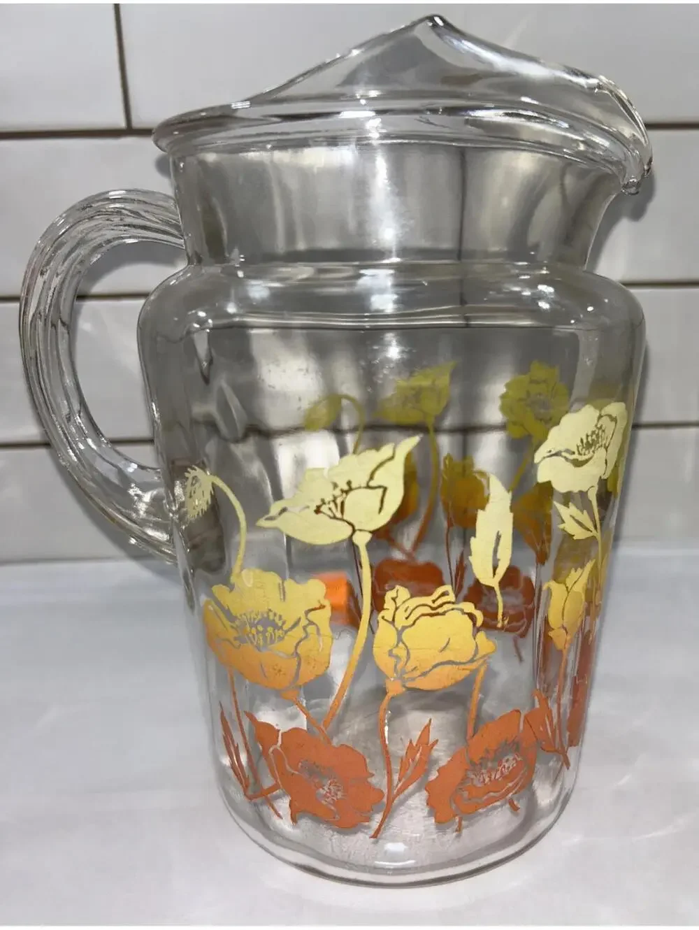 VINTAGE ANCHOR HOCKING CLEAR GLASS RED ORANGE WHITE MORNING GLORY PITCHER - Picture 2 of 5